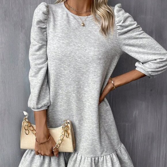 Grey Casual Womens Puff Sleeve Ruffle Hem Smock Dress - Picture 3 of 5